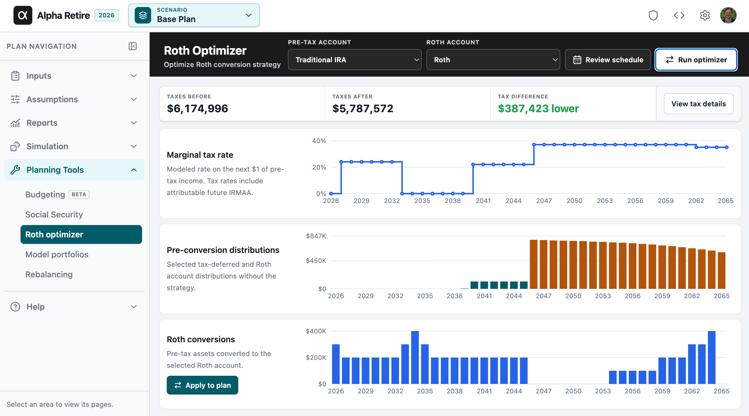 Alpha Retire Roth Optimizer showing projected tax savings and a Roth conversion schedule